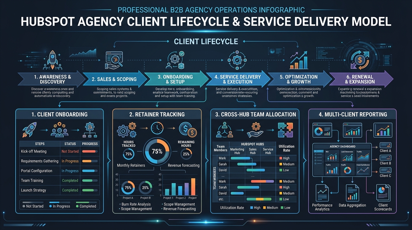 HubSpot for Agencies: Managing Clients, Pipeline, and Delivery executive infographic diagram
