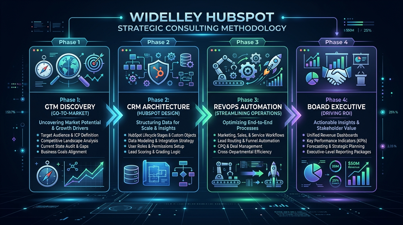 HubSpot Consulting Services by Widelly: Strategy, Implementation, and Growth executive infographic diagram