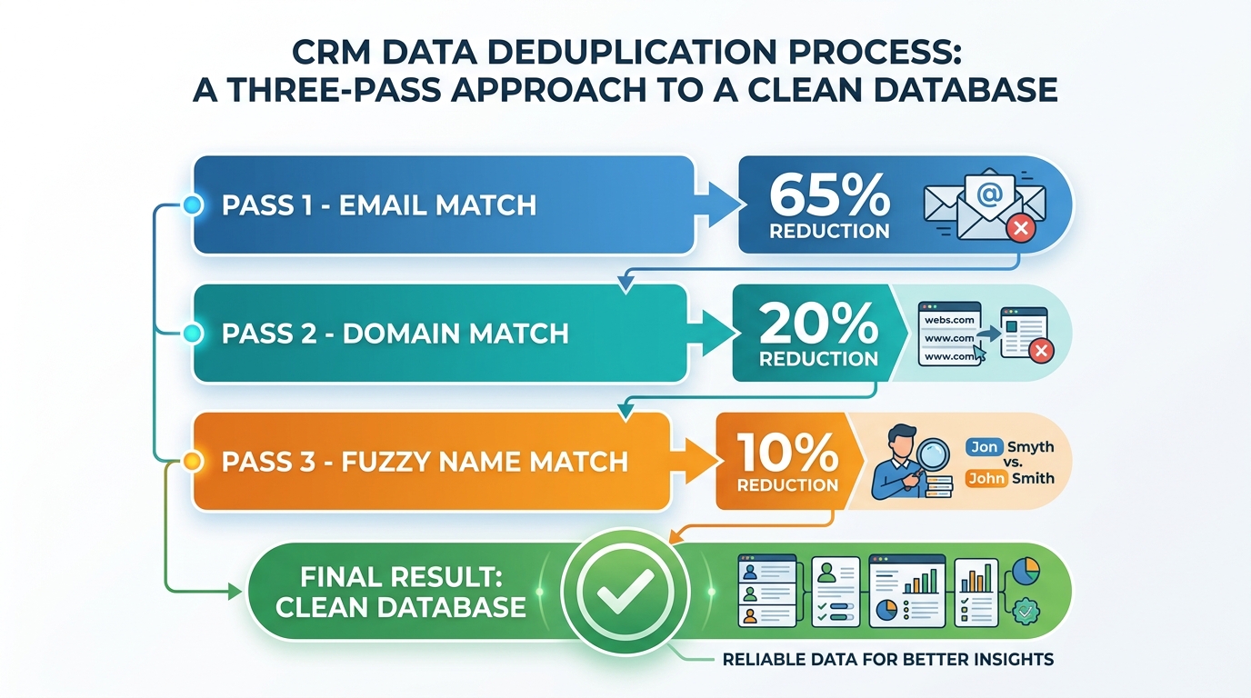 Three-pass CRM data deduplication process showing email match, domain match, and fuzzy name match passes with reduction percentages