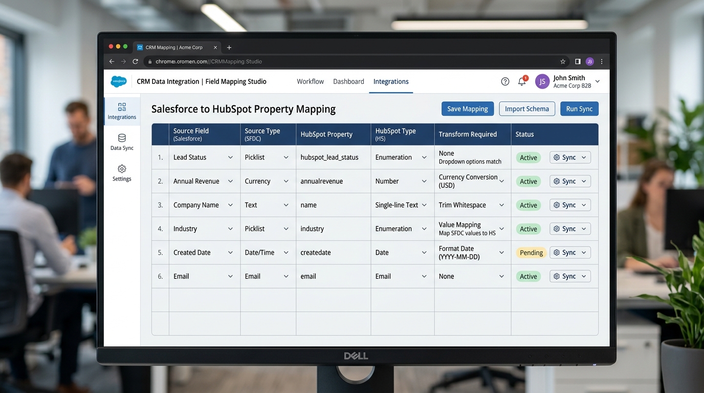 CRM field mapping spreadsheet showing source fields mapped to HubSpot property types with transformation rules