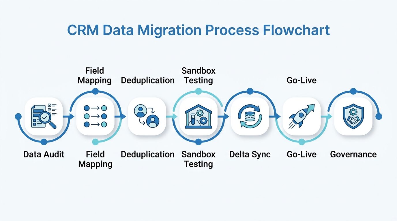 Seven-phase CRM to HubSpot migration process flowchart showing Data Audit, Field Mapping, Deduplication, Sandbox Testing, Delta Sync, Go-Live, and Governance phases