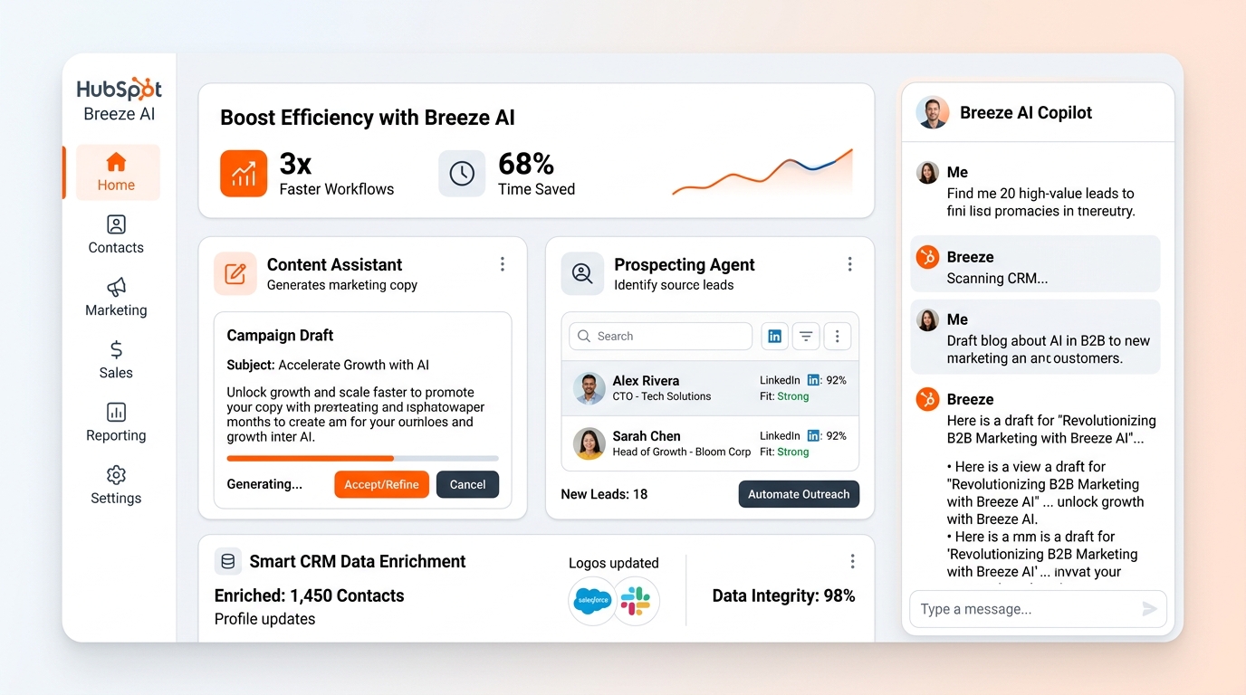 HubSpot AI Features: How Breeze Works Across the Platform executive infographic diagram