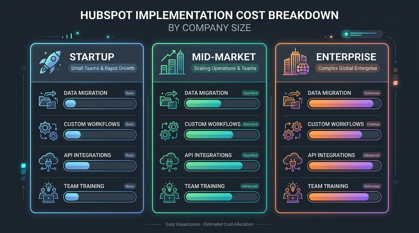 HubSpot Implementation Cost Breakdown by Company Size executive infographic diagram